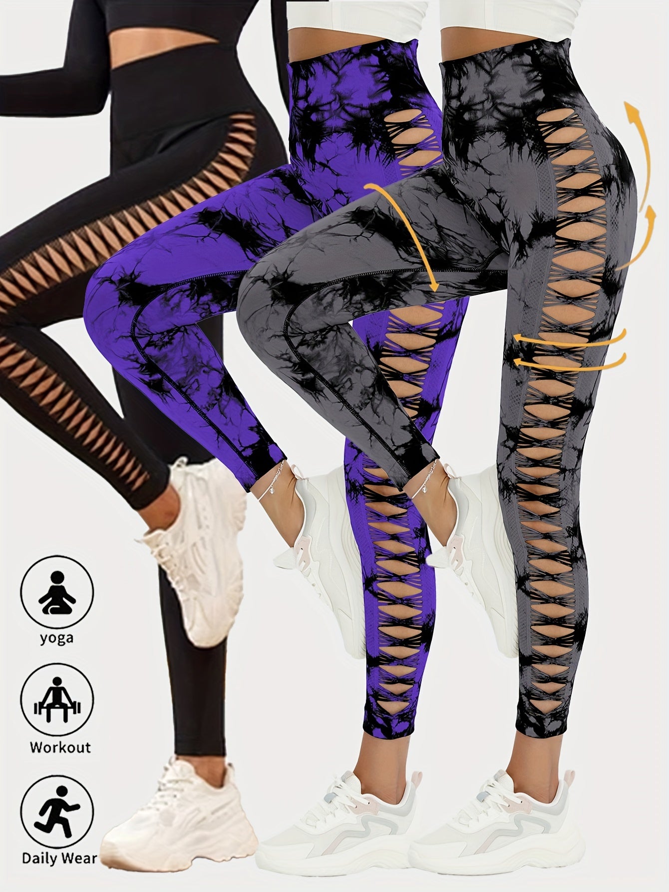 VibeSculpt 3-Piece Tie-Dye Hollow Leggings Set