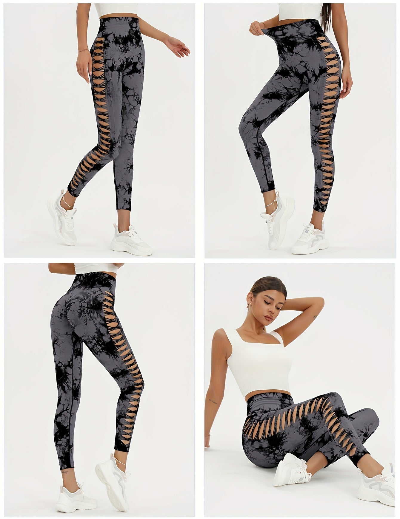 VibeSculpt 3-Piece Tie-Dye Hollow Leggings Set