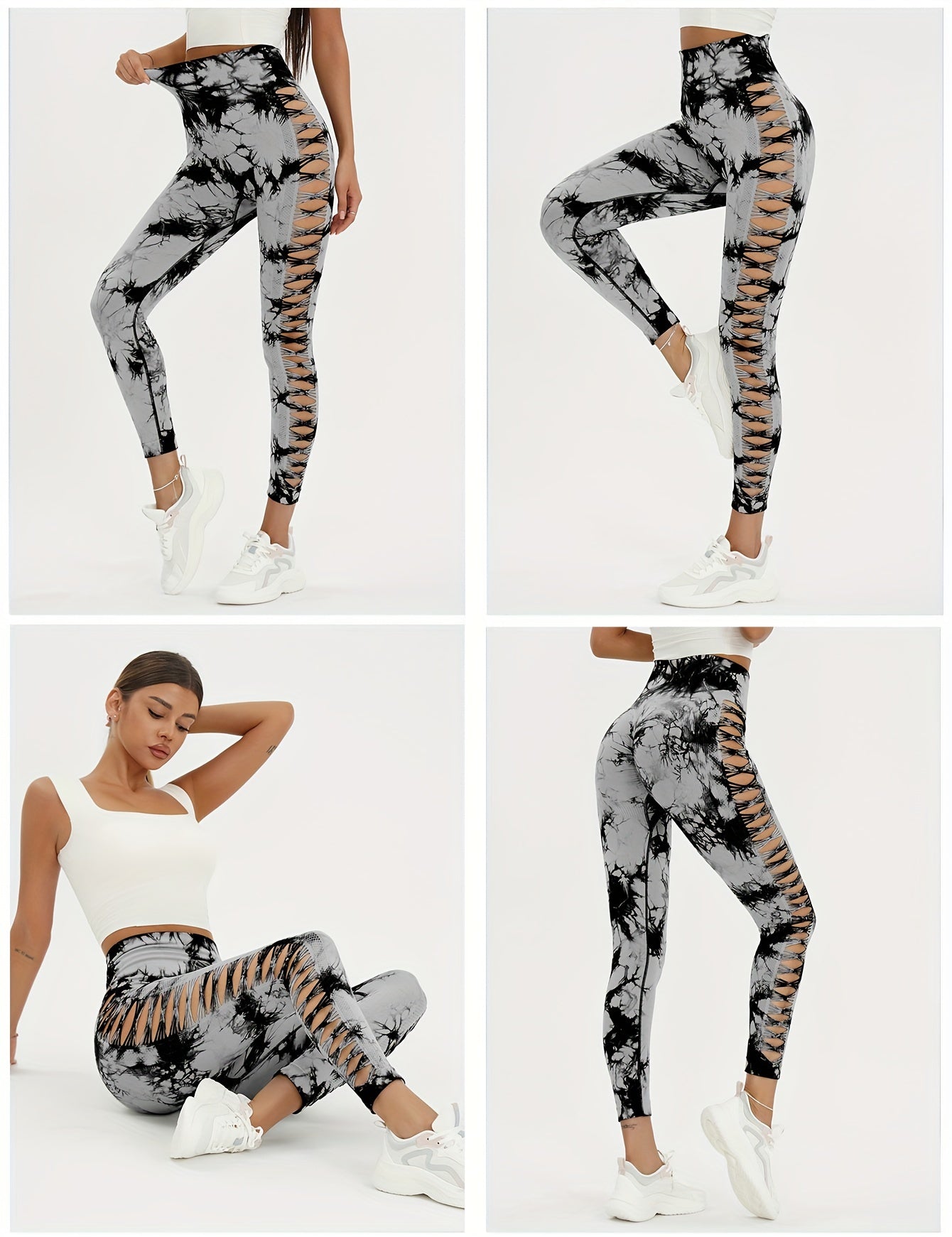 VibeSculpt 3-Piece Tie-Dye Hollow Leggings Set